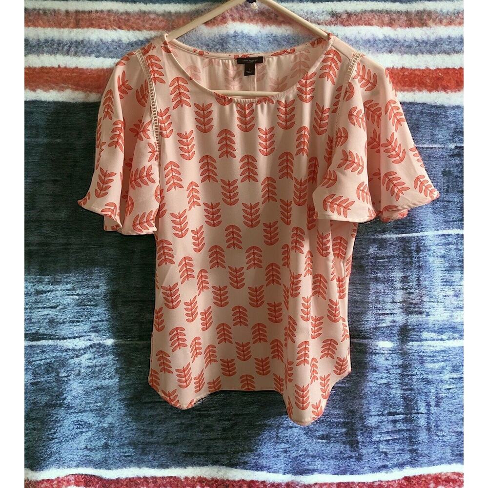 Ann‎ Taylor Floral Leaves Short Sleeve Top Size Small Flowy orange white blouse